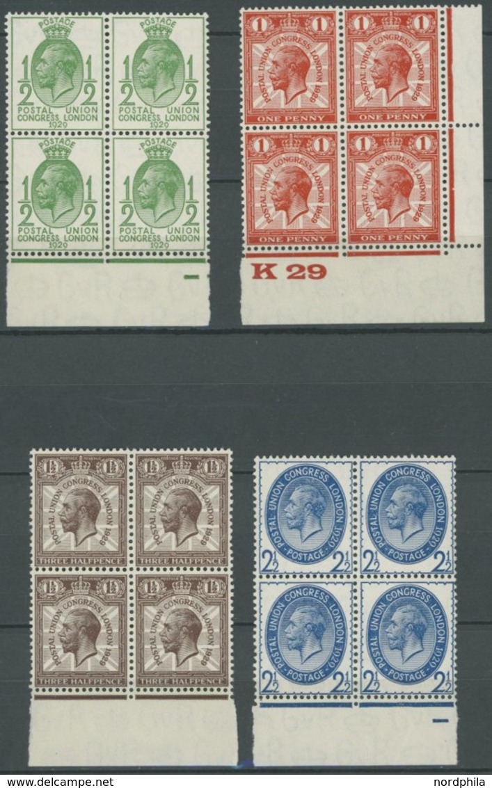 GROSSBRITANNIEN 170-73 VB **, 1929, 1/2 - 21/2 P. Weltpostkongress In Unterrandviererblocks, Postfrisch, Pracht - Autres & Non Classés