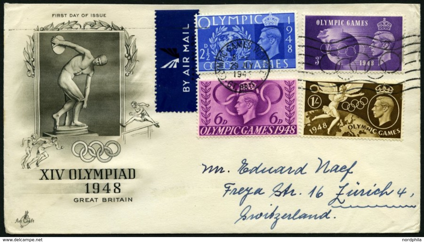 GROSSBRITANNIEN 237-40 BRIEF, 1948, Olympische Sommerspiele Auf FDC In Die Schweiz, Pracht - Autres & Non Classés