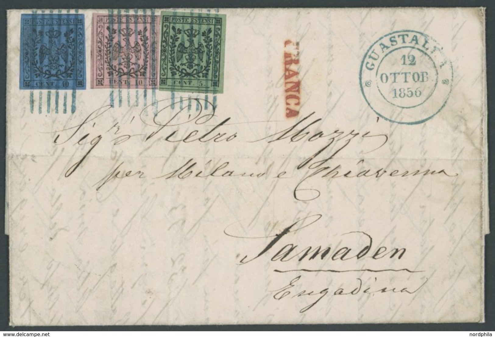 MODENA 1I,2II,5IIa BRIEF, 1856, Dreifarbenfrankatur: 5 C. Schwarz Auf Grün, 10 C. Schwarz Auf Rosa Und 40 C. Schwarz Auf - Modène