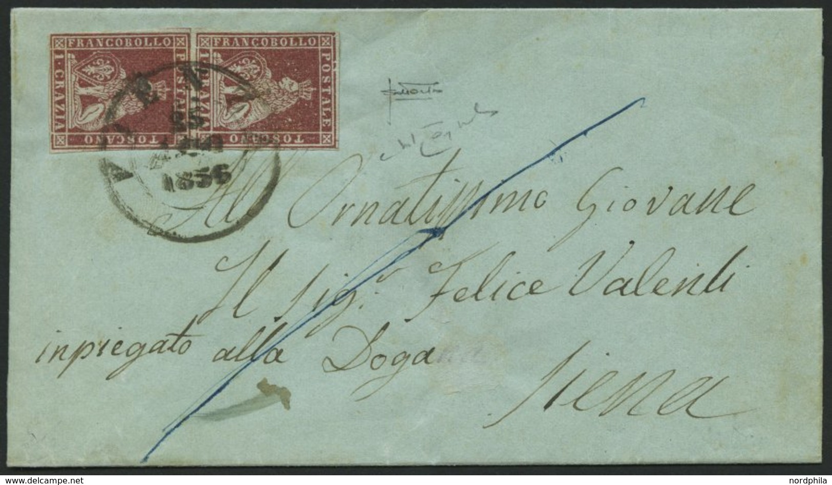 TOSCANA 4yb Paar BRIEF, 1856, 1 Cr. Braunkarmin, Graues Papier, Im Senkrechten Paar (Sassone Nr. 4e) Auf Brief Von PIENZ - Toscane