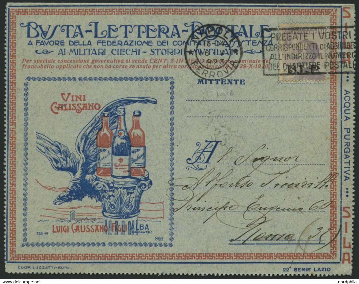 ITALIEN B 92II BRIEF, 1923, 50 C. Violett, Aufdruck B.L.P. Auf Inseraten-Kartenbrief (22. Serie Lazio) Von Neapel Nach R - Gebraucht