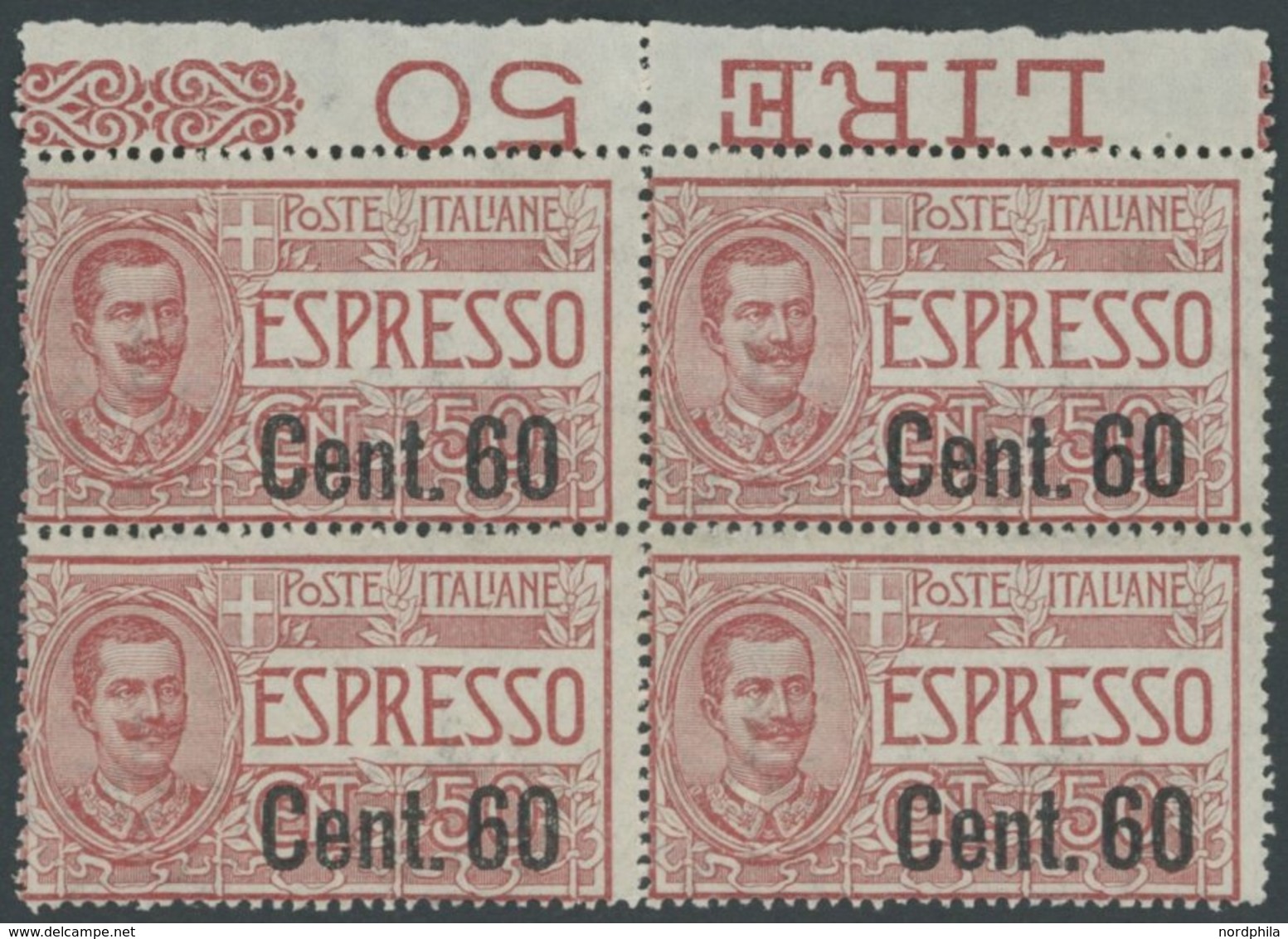 ITALIEN 148 VB **, 1922, 60 C. Auf 50 C. Eilmarke Im Oberrandviererblock, üblich Gezähnt, Postfrisch, Pracht, Mi. 240.- - Gebraucht