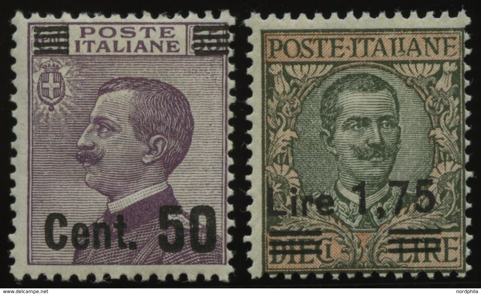 ITALIEN 172,221 *, 1923/5, 50 C. Auf 50 C. Und 1.75 L. Auf 10 L. König Viktor Emanuel III, Falzrest, 2 Prachtwerte - Gebraucht