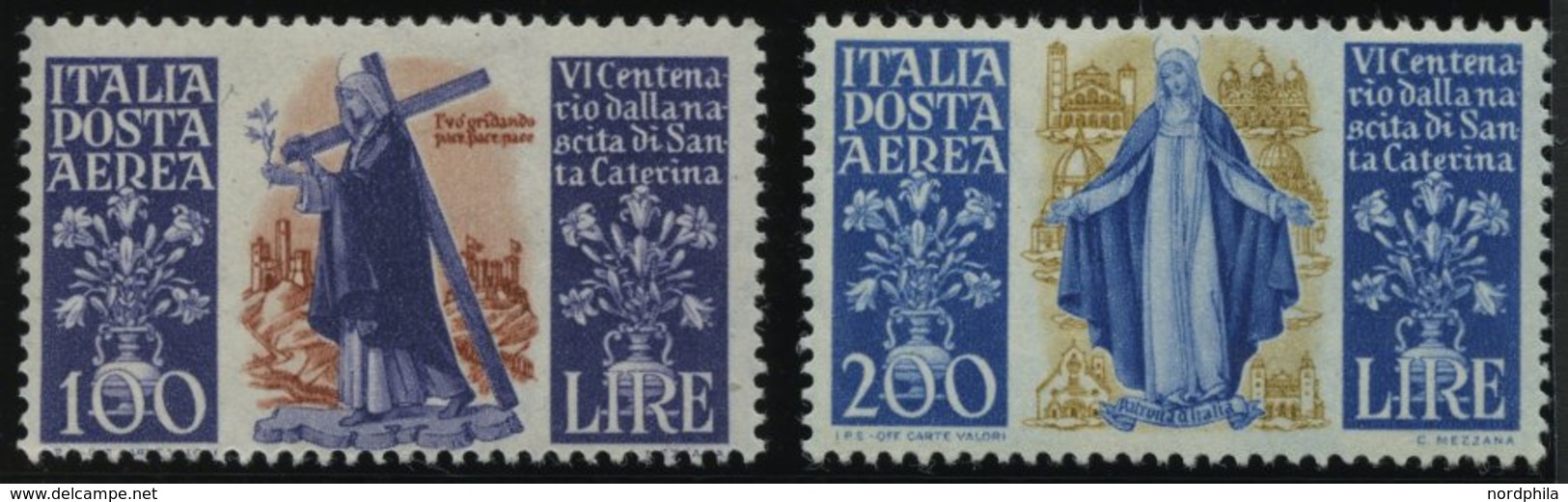 ITALIEN 744/5 *, 1948, 100 Und 200 L. Flugpost Heilige Katharina Von Siena, Falzrest, 2 Prachtwerte - Used