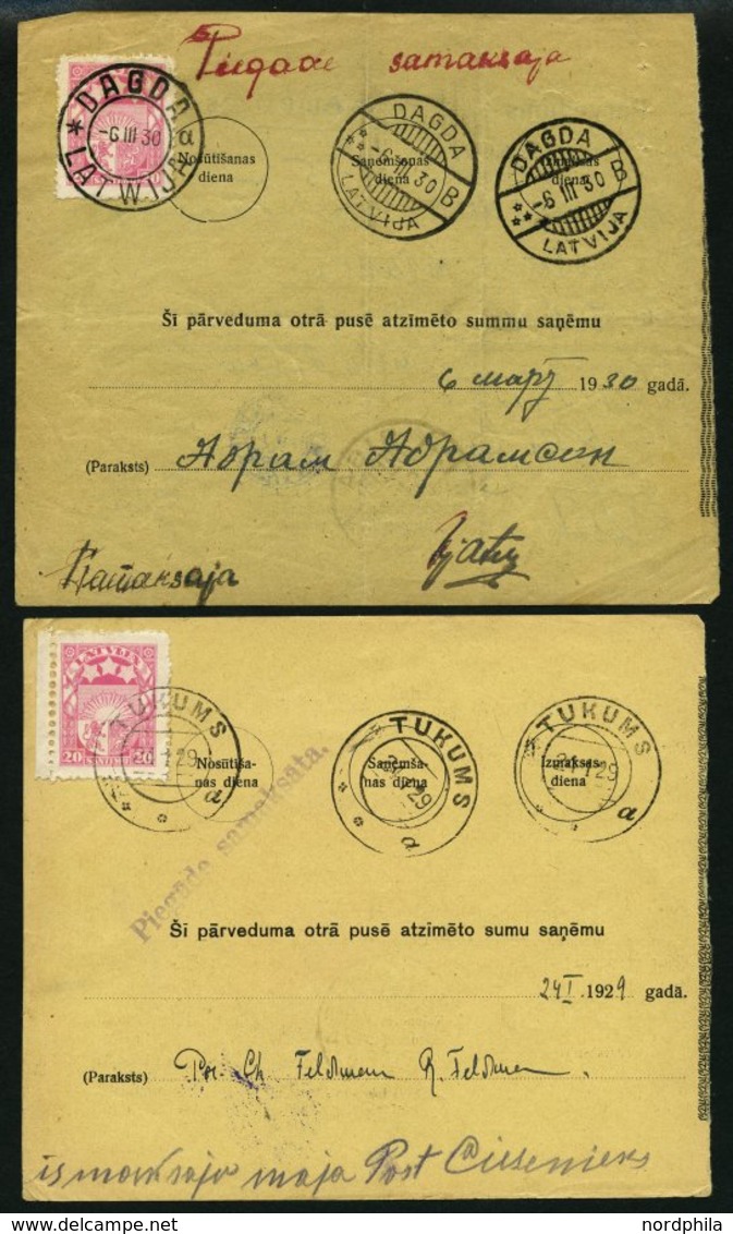 LETTLAND 121 BRIEF, 1929/30, 2 S. Lilarosa, 2 Frankierte Geldanweisungen Aus Amerika (verschiedene Typen), Pracht - Lettland