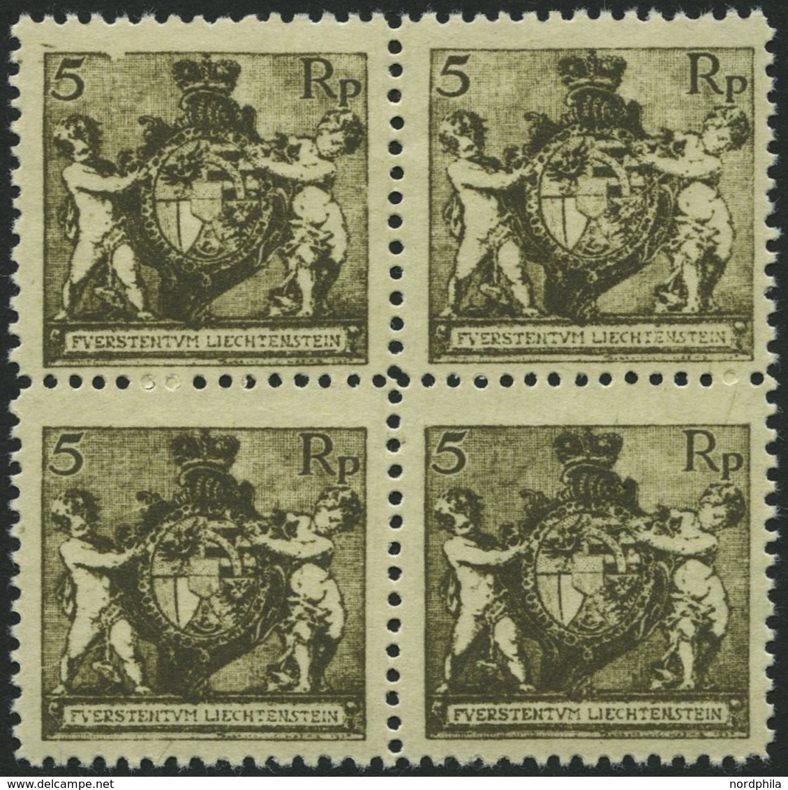 LIECHTENSTEIN 48B VB *, **, 1921, 5 Rp. Schwarzbräunlicholiv, Gezähnt L 121/2, Im Viererblock, Pracht - Sonstige & Ohne Zuordnung