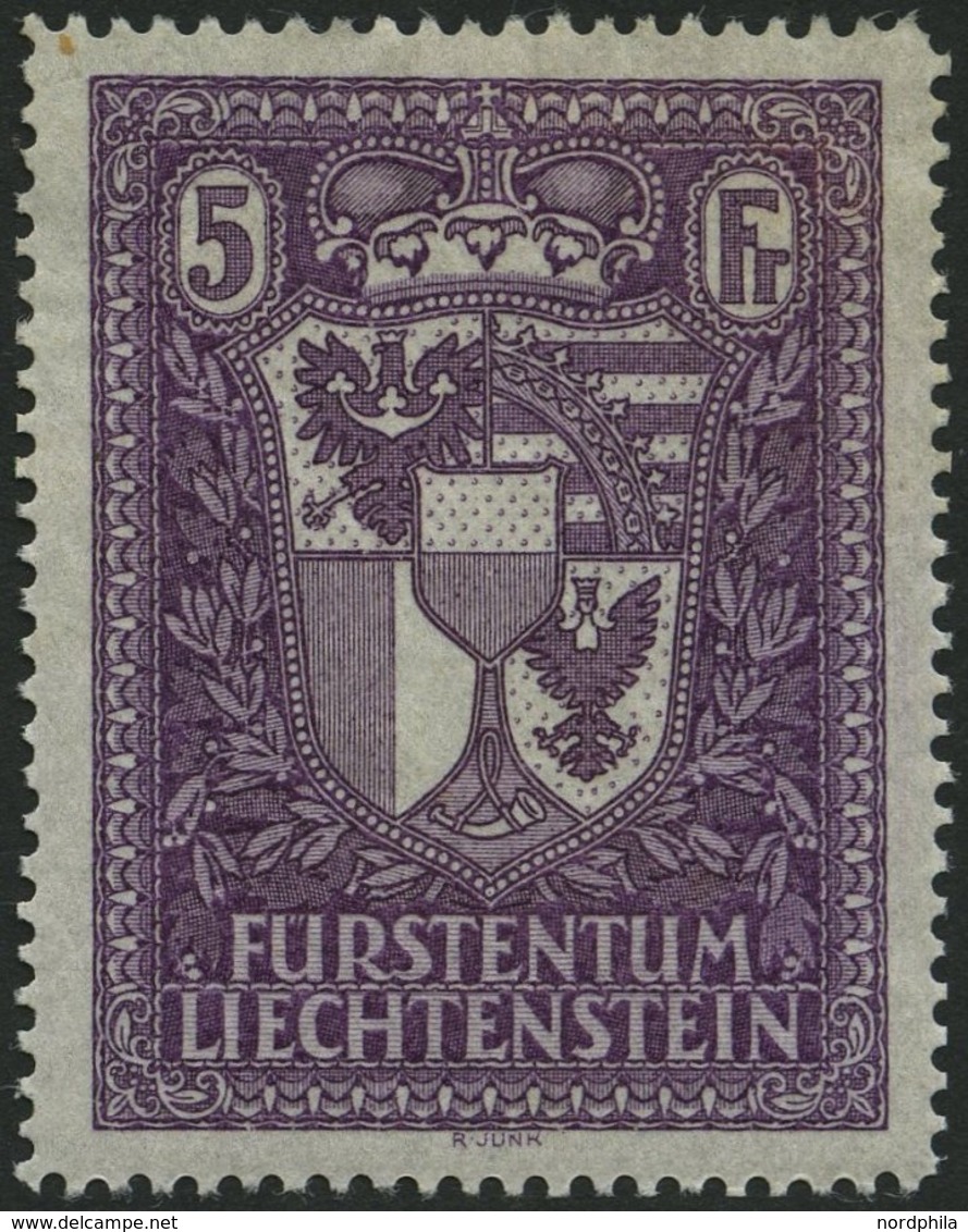 LIECHTENSTEIN 142 *, 1935, 5 Fr. Landeswappen, Falzreste, Pracht - Other & Unclassified