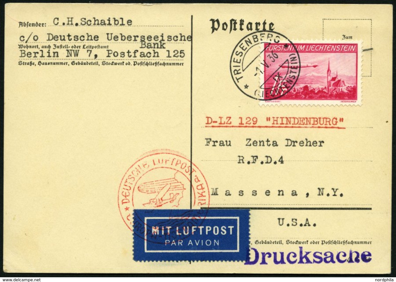 LIECHTENSTEIN 149I BRIEF, 1936, 1 Fr. Hindenburg Mit Abart Roter Fleck Im Zeppelin Auf Zeppelinkarte Vom Ersttag!, Prach - Sonstige & Ohne Zuordnung