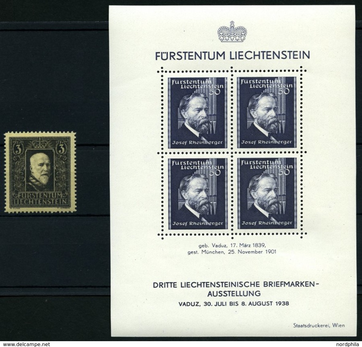 LIECHTENSTEIN Bl. 3,171 **, 1938, Block Briefmarken-Ausstellung Und 3 Fr. Tod Von Fürst Franz I, Pracht, Mi. 104.- - Autres & Non Classés