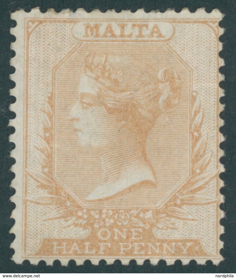 MALTA 1x *, 1863, 1/2 P. Mattbraun, Weißes Papier, Ohne Wz., Falzreste, Feinst, Mi. 800.- - Malta