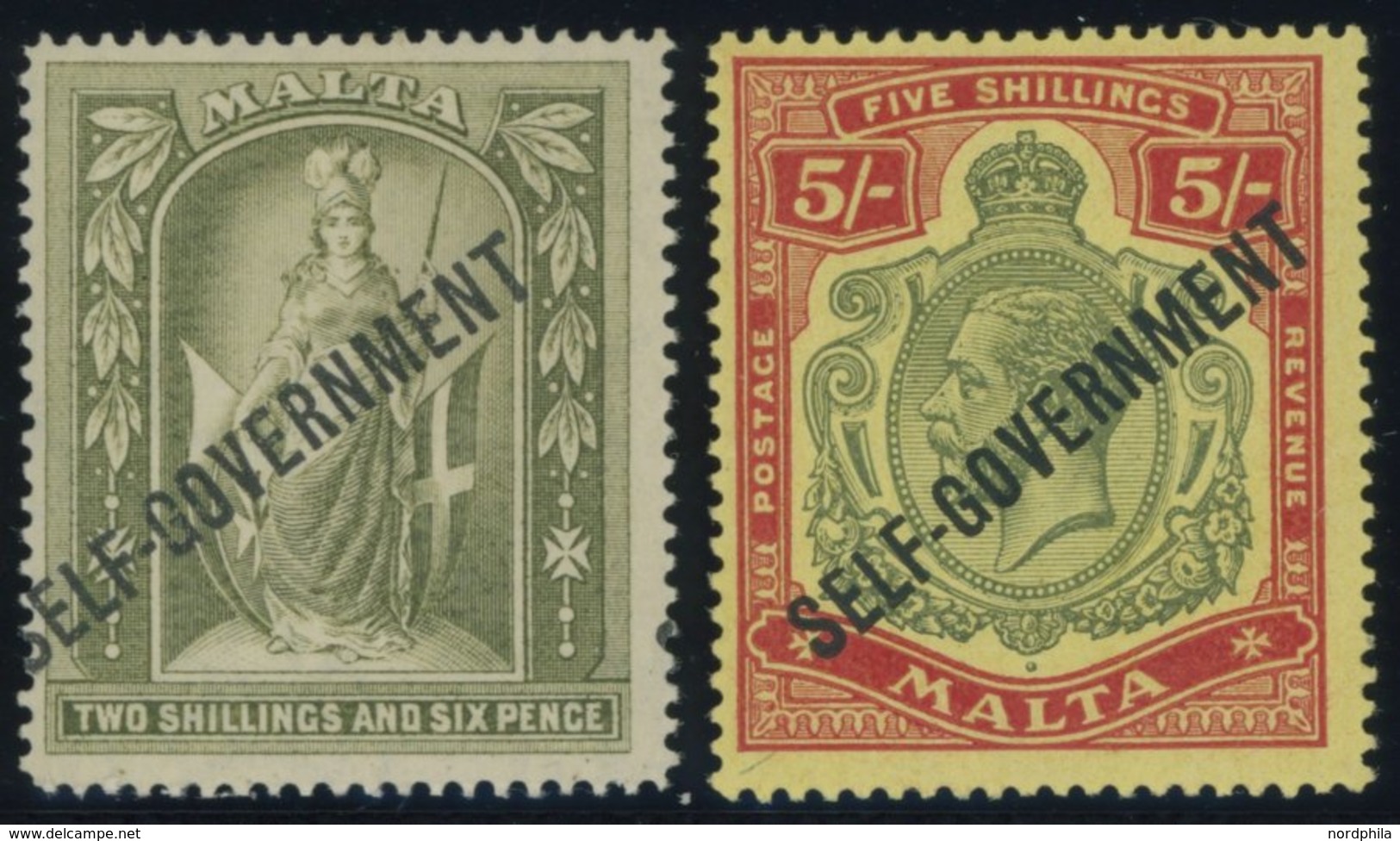 MALTA 77/8 *, 1922, 2 Sh. 6 P. Und 5 Sh. Selbstverwaltung, Falzreste, 2 Prachtwerte - Malte