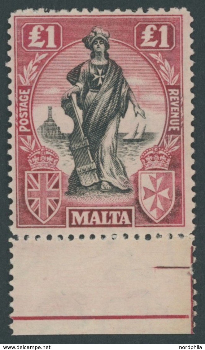 MALTA 96bY *, 1922, 1 £ Rotkarmin/schwarz, Wz. Liegend, Falzreste, Pracht - Malte