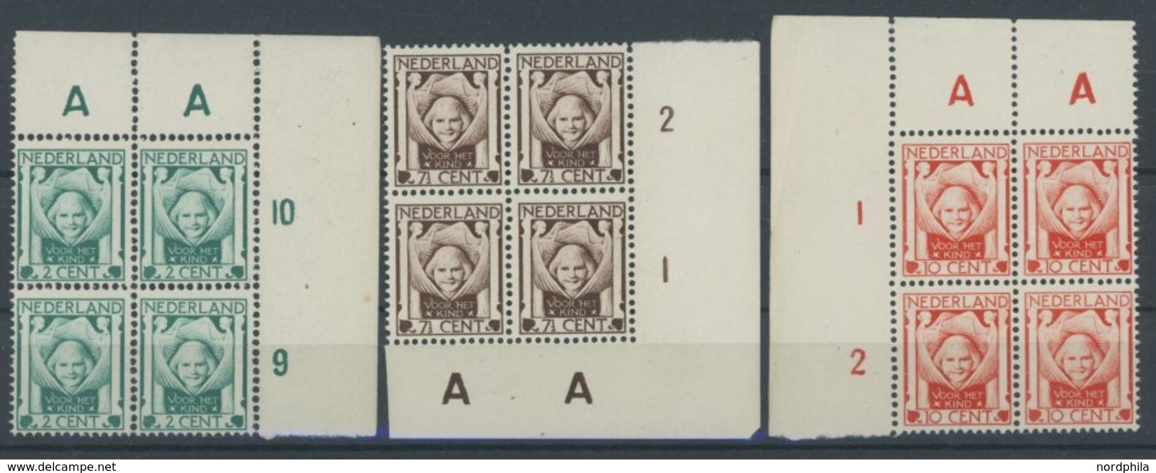 NIEDERLANDE 143-45 VB **, 1924, Voor Het Kind In Eckrandviererblocks, Postfrischer Prachtsatz, Mi. 120.- - Sonstige & Ohne Zuordnung