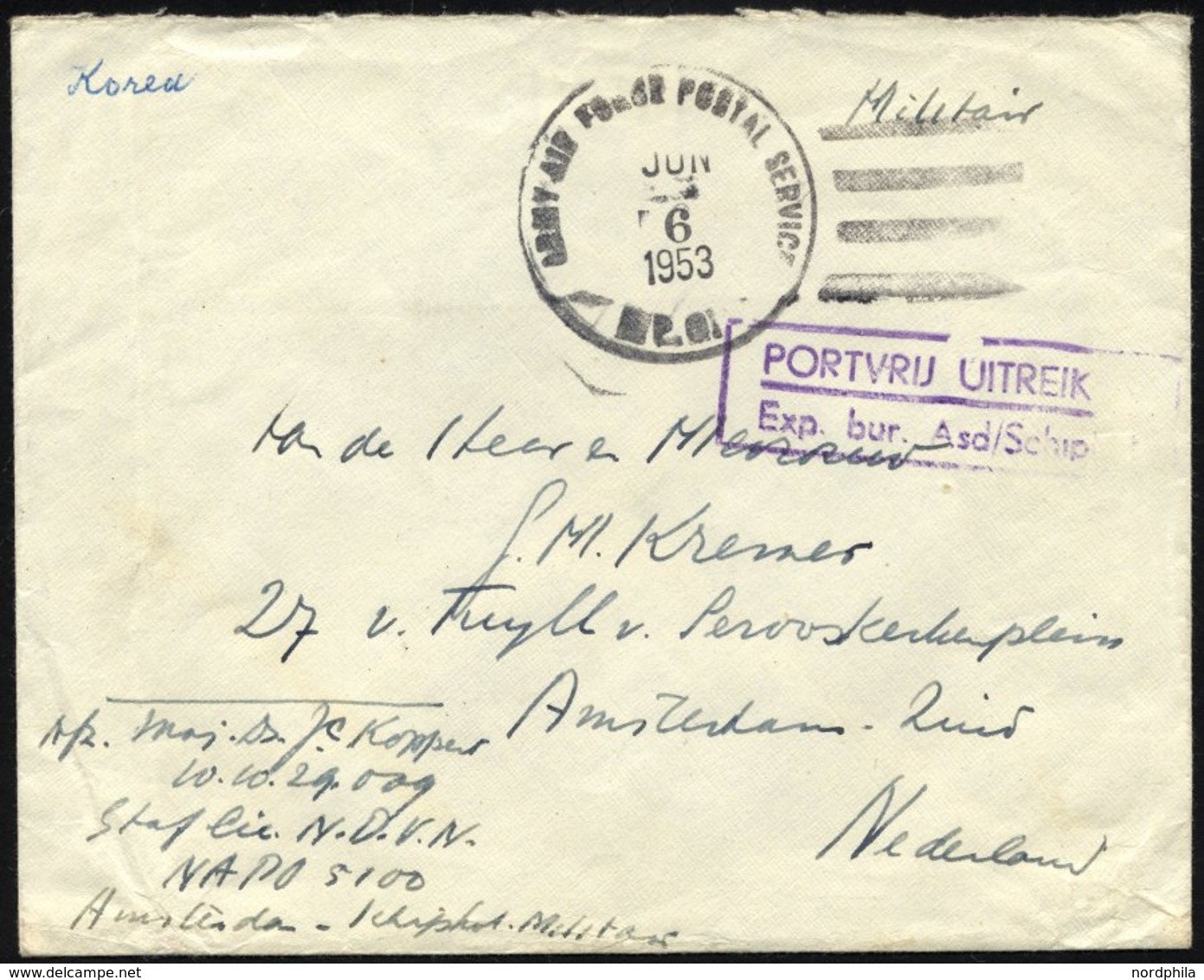 NIEDERLANDE 1953, US-Feldpoststempel ARMY AIR FORCE POSTAL SERVICE/A.P.O. Auf Feldpostbrief Aus Korea In Die Niederlande - Sonstige & Ohne Zuordnung