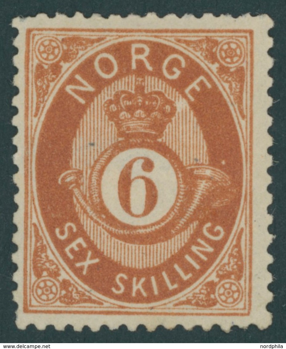 NORWEGEN 20 *, 1875, 6 Sk. Rötlichbraun, Falzreste, üblich Gezähnt Pracht, Mi. 400.- - Other & Unclassified