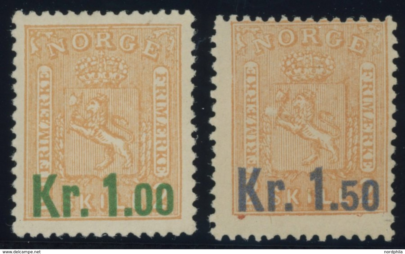 NORWEGEN 62/3 *, 1905, 1 Und 1.50 Kr. Auf 2 Sk. Orange, Große Falzreste, 2 Prachtwerte, Mi. 95.- - Other & Unclassified