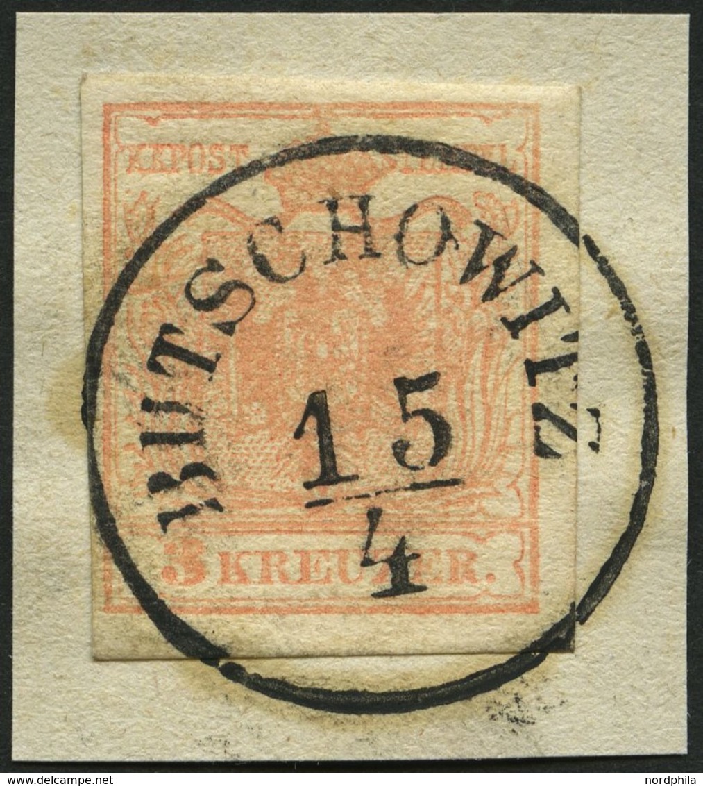 ÖSTERREICH 3Y BrfStk, 1854, 3 Kr. Blassrot, Maschinenpapier, Zentrischer K1 BUTSCHOWITZ, Kabinettbriefstück - Gebraucht