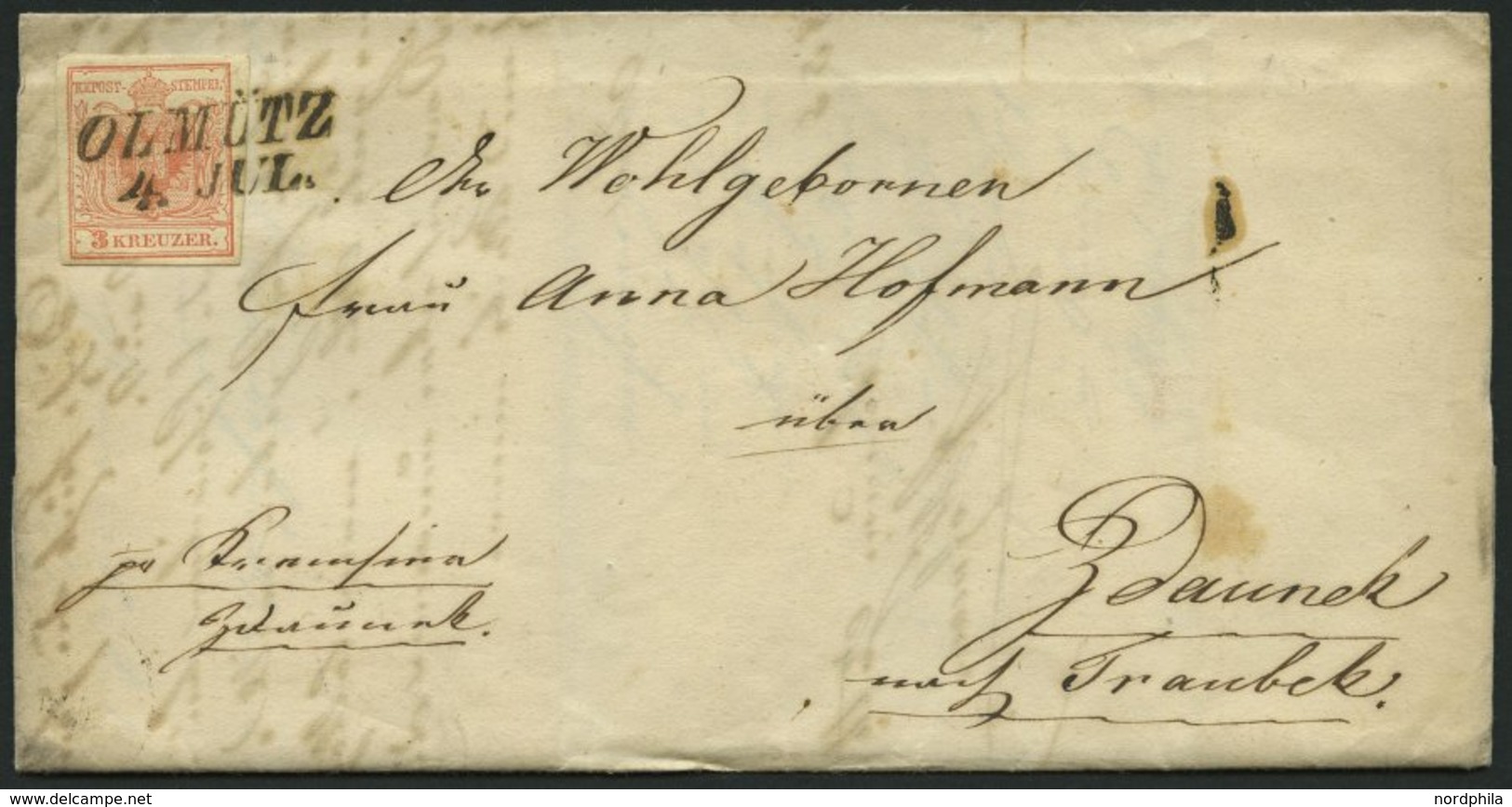 ÖSTERREICH 3Y BRIEF, 1859, 3 Kr. Rot, Maschinenpapier, Type IIIa, L2 OLMÜTZ, Prachtbrief Nach Zdaunek - Used Stamps