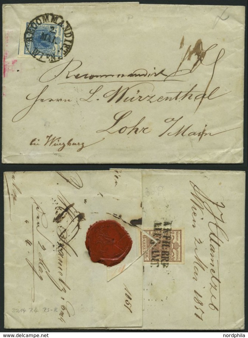 ÖSTERREICH 5X BRIEF, 1851, 9 Kr. Blau, Handpapier, Schwarzer K1 RECOMMANDIRT/WIEN Auf Siegelbrief Nach Lohe/Main, Rückse - Oblitérés
