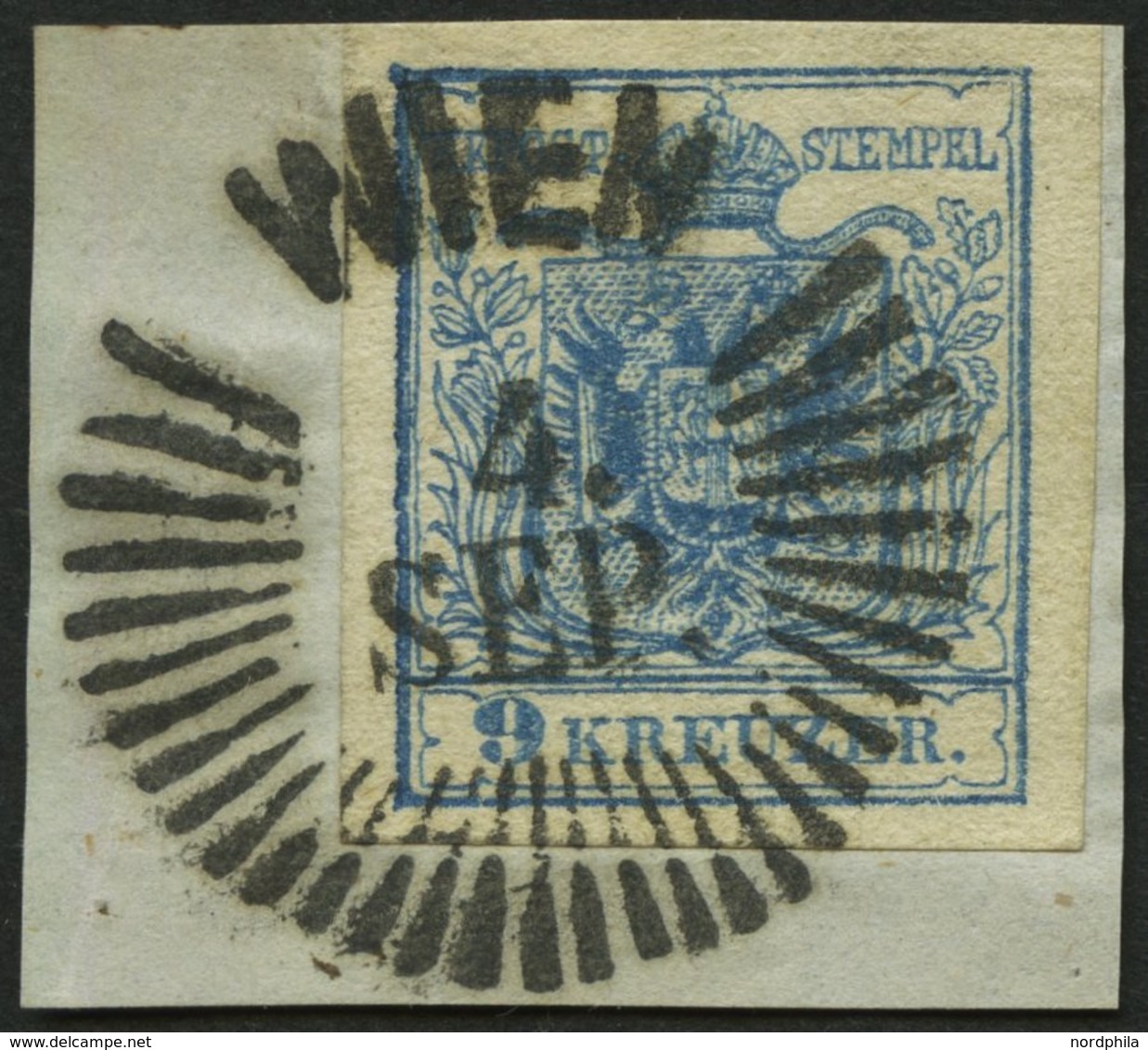 ÖSTERREICH 5Y BrfStk, 1854, 9 Kr. Blau, Maschinenpapier, Type IIIb, WZ-Teil, Sternstempel WIEN, Kabinettbriefstück - Oblitérés