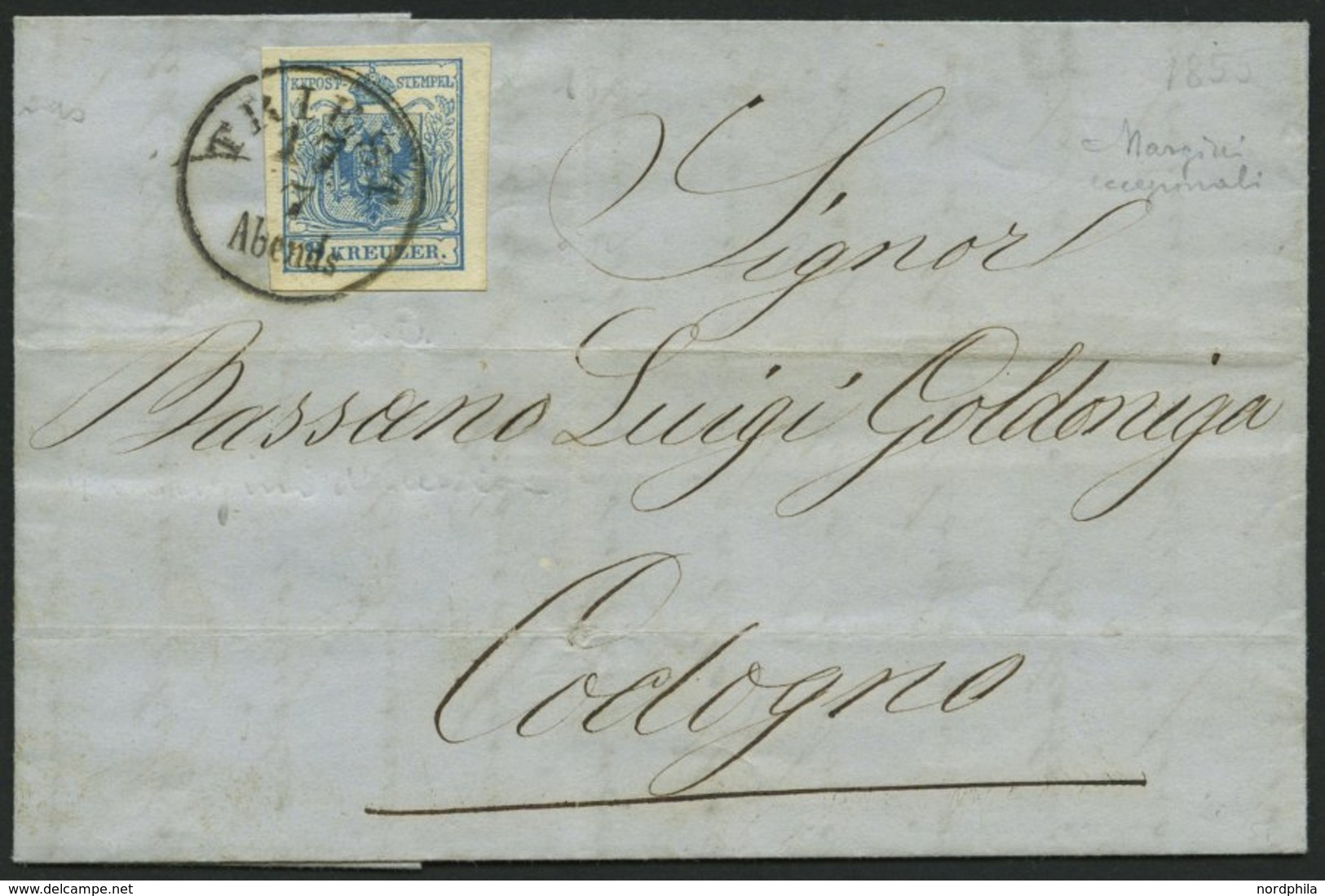 ÖSTERREICH 5Y BRIEF, 1855, 9 Kr. Blau, Maschinenpapier, Type IIIb, K1 TRIEST Abends, Prachtbrief Nach Codogno - Used Stamps