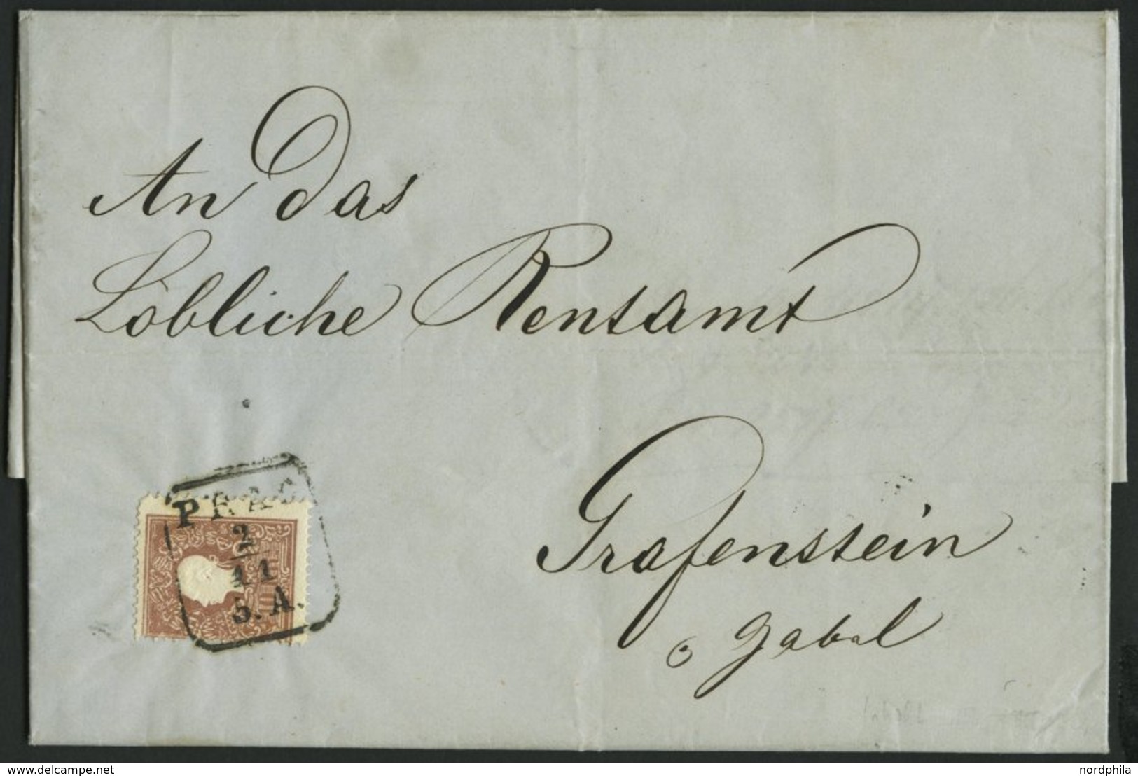 ÖSTERREICH 14II BRIEF, 1859, 10 Kr. Braun, Type II, Auf Brief Der österreichischen Versicherungsanstalt Mit R4 PRAG An D - Usati