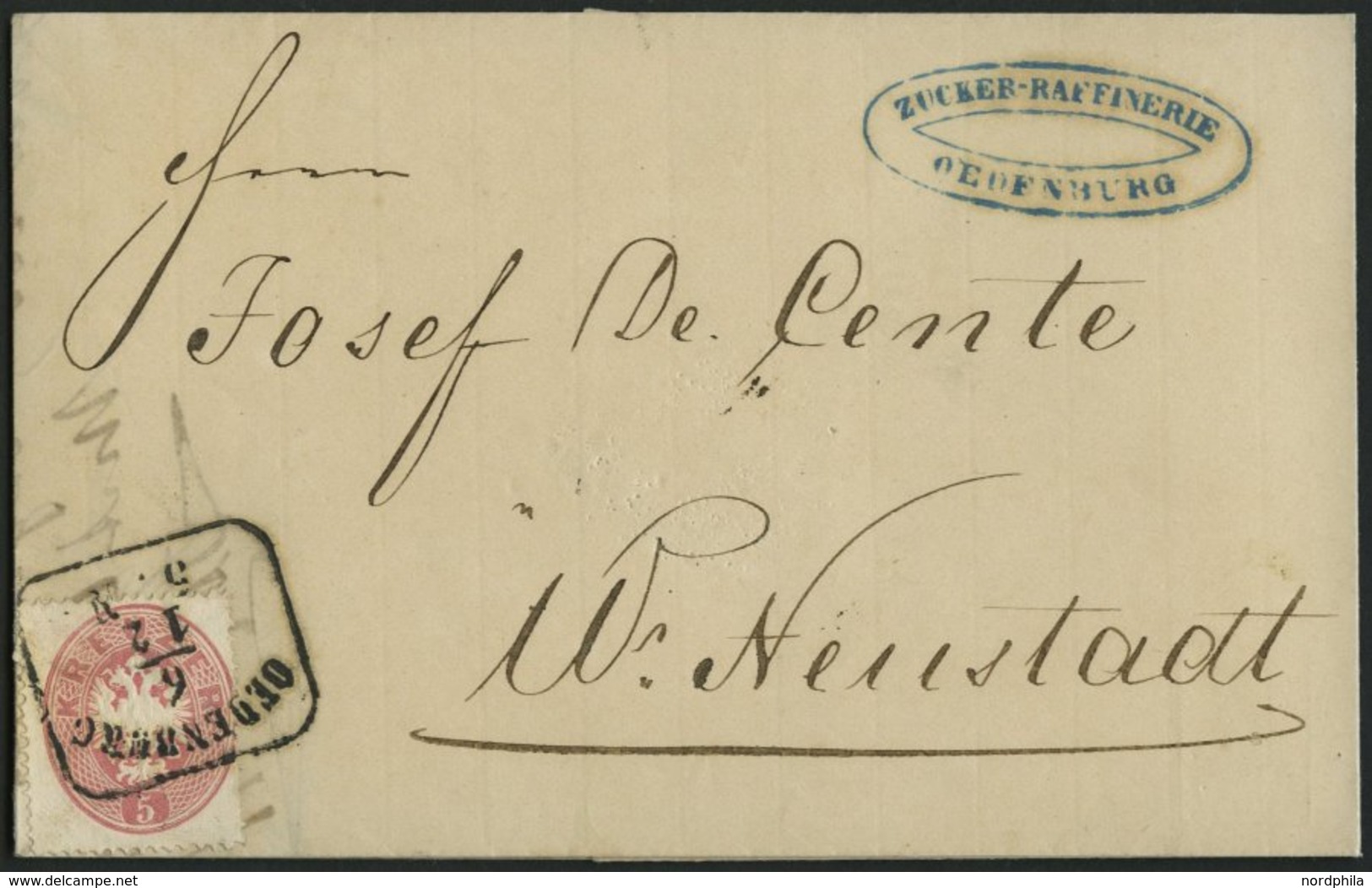 ÖSTERREICH 26 BRIEF, 1863, 5 Kr. Rosa Auf Brief Mit R4 OEDENBURG Nach W. Neustadt, Pracht - Oblitérés