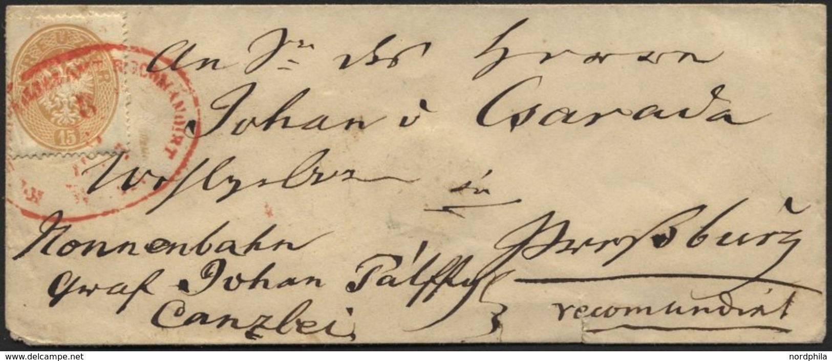 ÖSTERREICH 28 BRIEF, 1865, 15 Kr. Braun Mit Rotem Reco-Stempel WIEN Auf Brief Nach Pressburg, Feinst - Usati