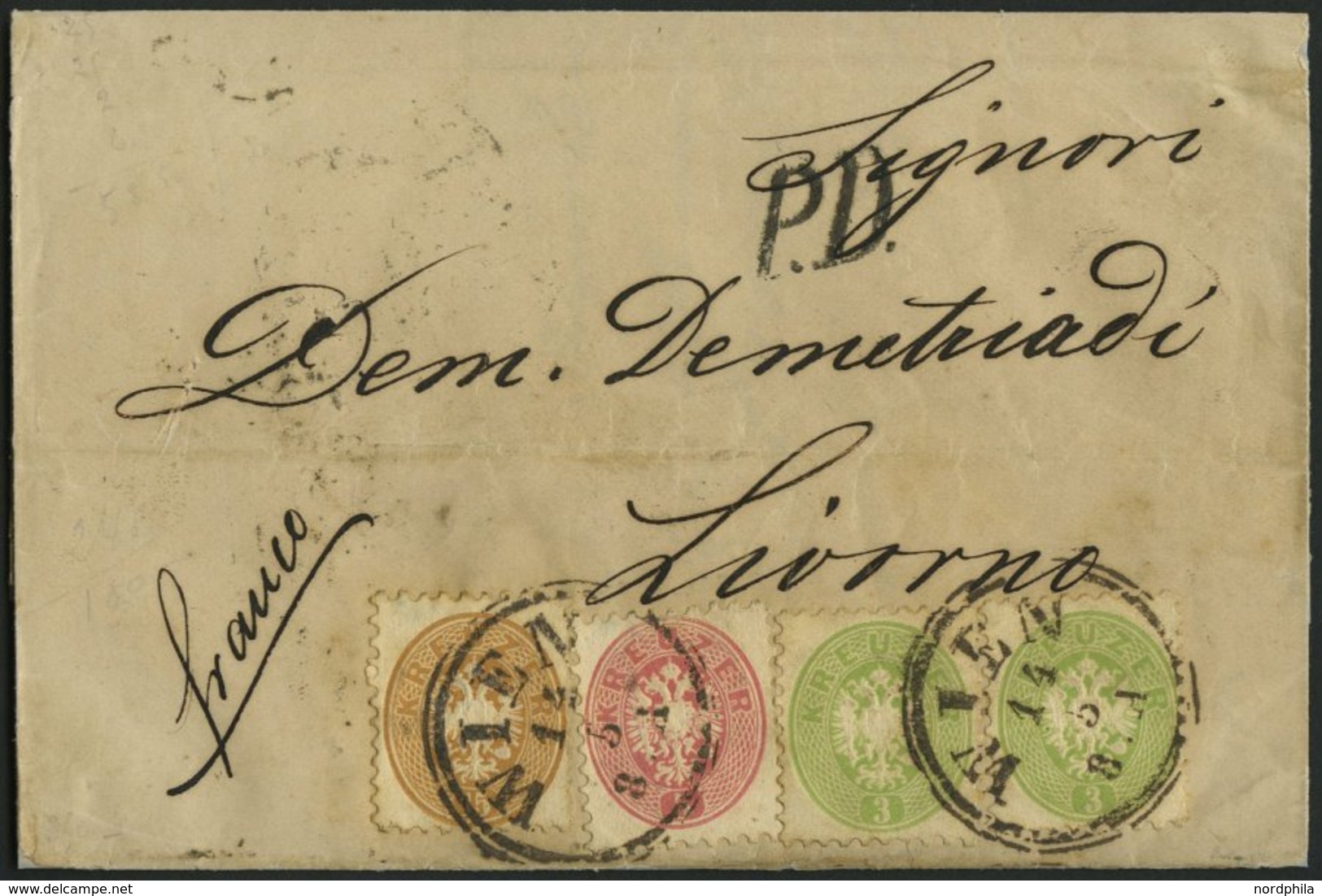 ÖSTERREICH 31/2,34 BRIEF, 1864, 3 Kr. Grün (2x), 5 Kr. Rosa Und 15 Kr. Braun Auf Brief Mit K2 WIEN Nach Livorno/Italien, - Oblitérés