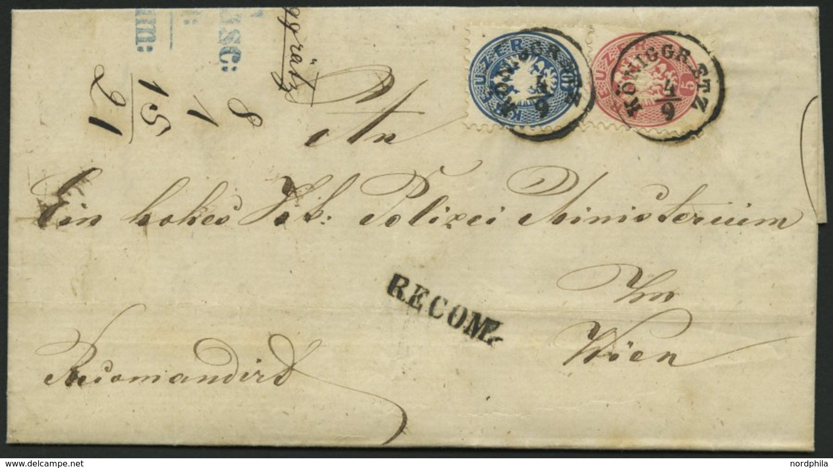 ÖSTERREICH 32/3 BRIEF, 1864, 5 Kr. Rosa Und Rückseitiges Reco-Porto 10 Kr. Blau Auf Brief Von KÖNIGGRAETZ Nach Wien , L1 - Oblitérés