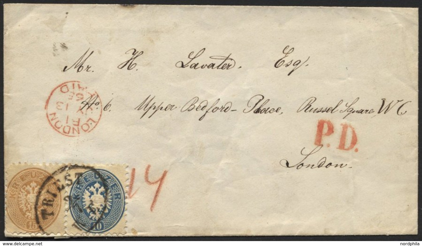 ÖSTERREICH 33/4 BRIEF, 1865, 10 Kr. Blau Und 15 Kr. Braun (Eckfehler) Auf Brief Von TRIEST Nach London, Pracht - Usati