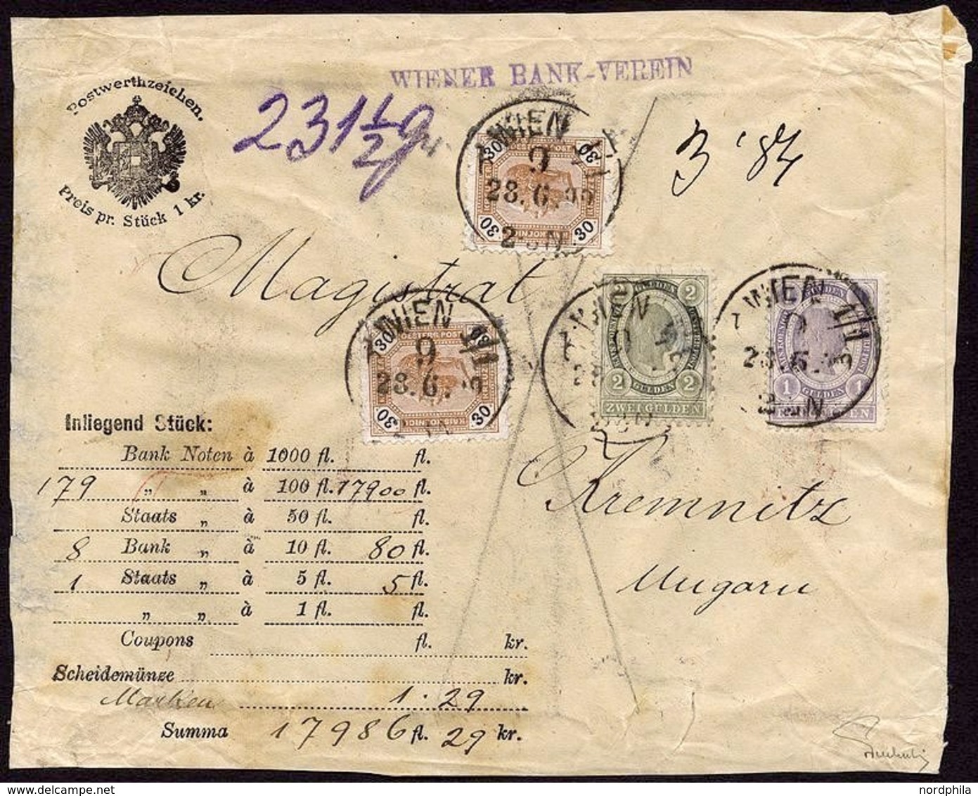 ÖSTERREICH 67/8 BrfStk, 1896, 1 G. Violettgrau Und 2 G. Grün Mit Zusatzfrankatur (Mi.Nr. 65 2x) Auf Geldbrief-Vorderseit - Oblitérés