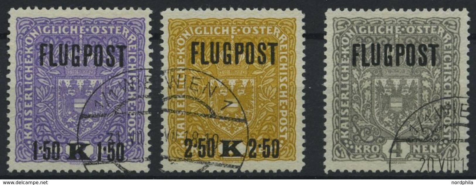 ÖSTERREICH 225-27yII O, 1918, Flugpost, Weißes Papier, Prachtsatz, Mi. 75.- - Oblitérés