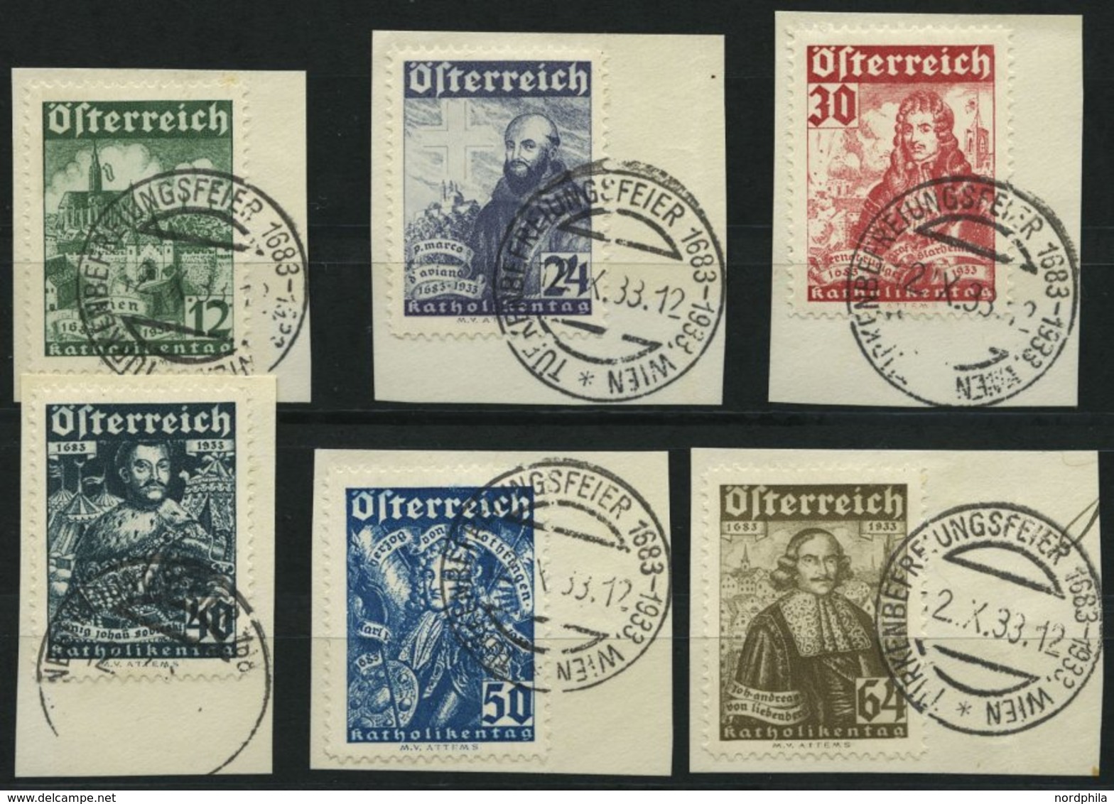 ÖSTERREICH 557-62 BrfStk, 1933, Katholikentag, Sonderstempel, Prachtsatz Auf Briefstücken, Mi. 280.- - Oblitérés