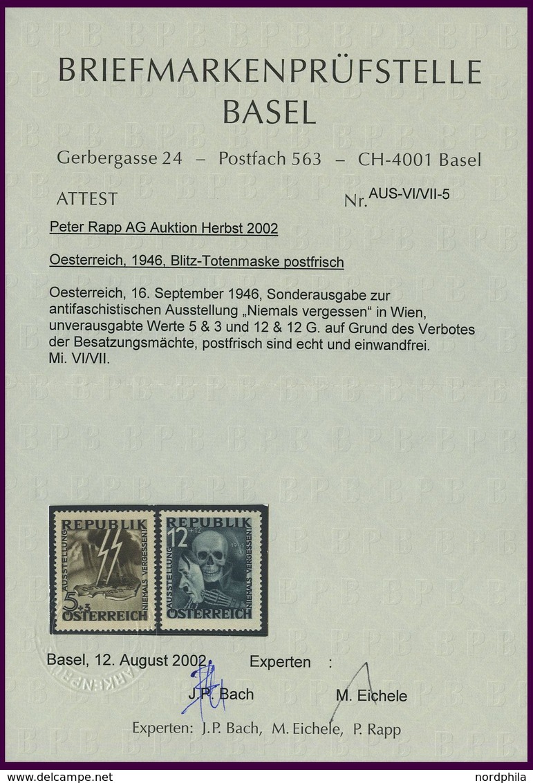 ÖSTERREICH VI/VII **, 1946, Nicht Ausgegeben: Blitz Und Maske, 2 Prachtwerte, Fotoattest Bach/Eichele, Mi. 2600.- - Oblitérés