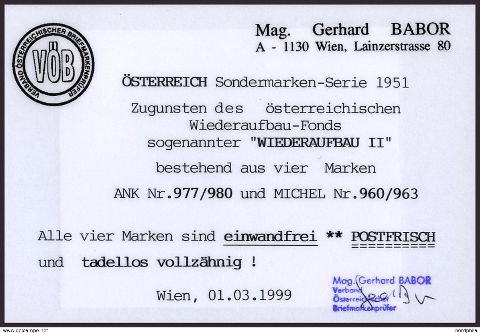 ÖSTERREICH 960-63 **, 1951, Wiederaufbau, Prachtsatz, Fotobefund Babor, Mi. 80.- - Used Stamps