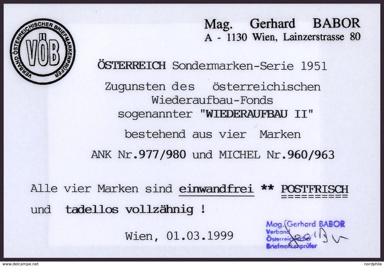 ÖSTERREICH 960-63 **, 1951, Wiederaufbau, Prachtsatz, Fotobefund Babor, Mi. 80.- - Oblitérés