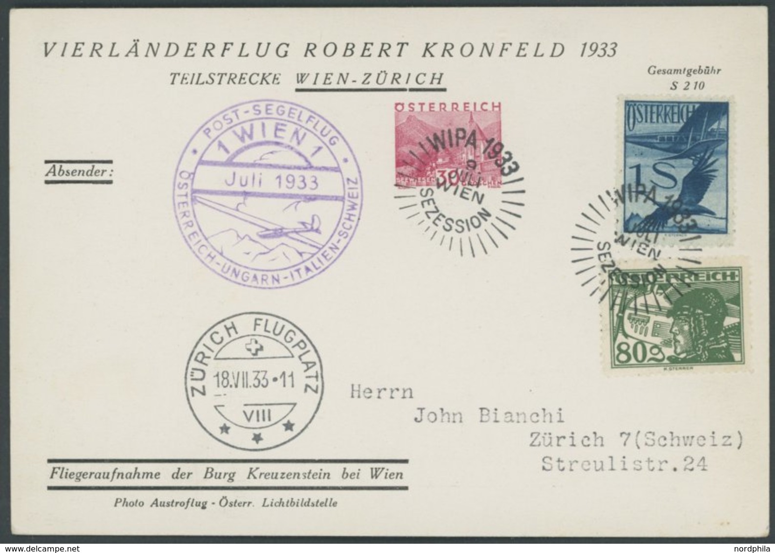 SONDERFLÜGE 18.7.1933, 30 Gr. Sonder-Ganzsachenkarte Vierländerflug Robert Kronfeld - Teilstrecke Wien-Zürich Mit Zusatz - Other & Unclassified