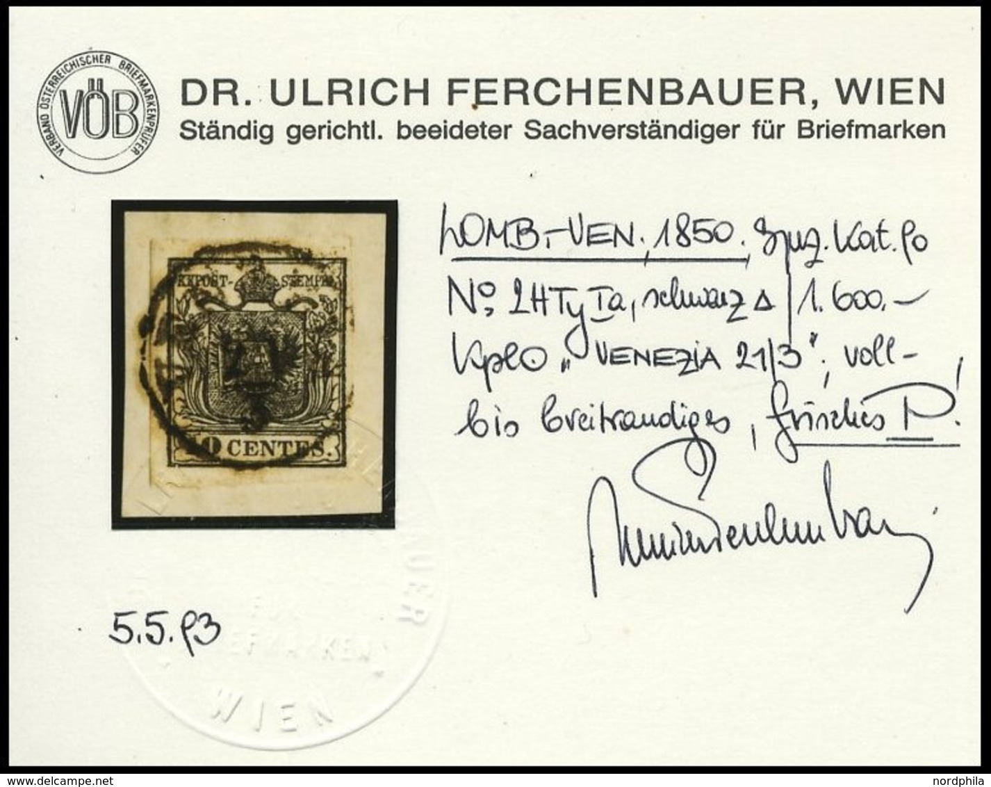 LOMBARDEI UND VENETIEN 2Xa BrfStk, 1850, 10 C. Schwarz, Handpapier, Type Ia, K1 VENEZIA, Prachtbriefstück, Fotobefund Dr - Lombardo-Vénétie