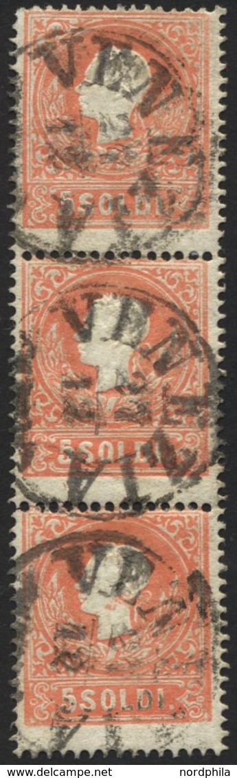 LOMBARDEI UND VENETIEN 9I O, 1858, 5 So. Rot, Type I, Im Senkrechten Dreierstreifen, K1 VENEZIA, Untere Marke Angetrennt - Lombardo-Vénétie