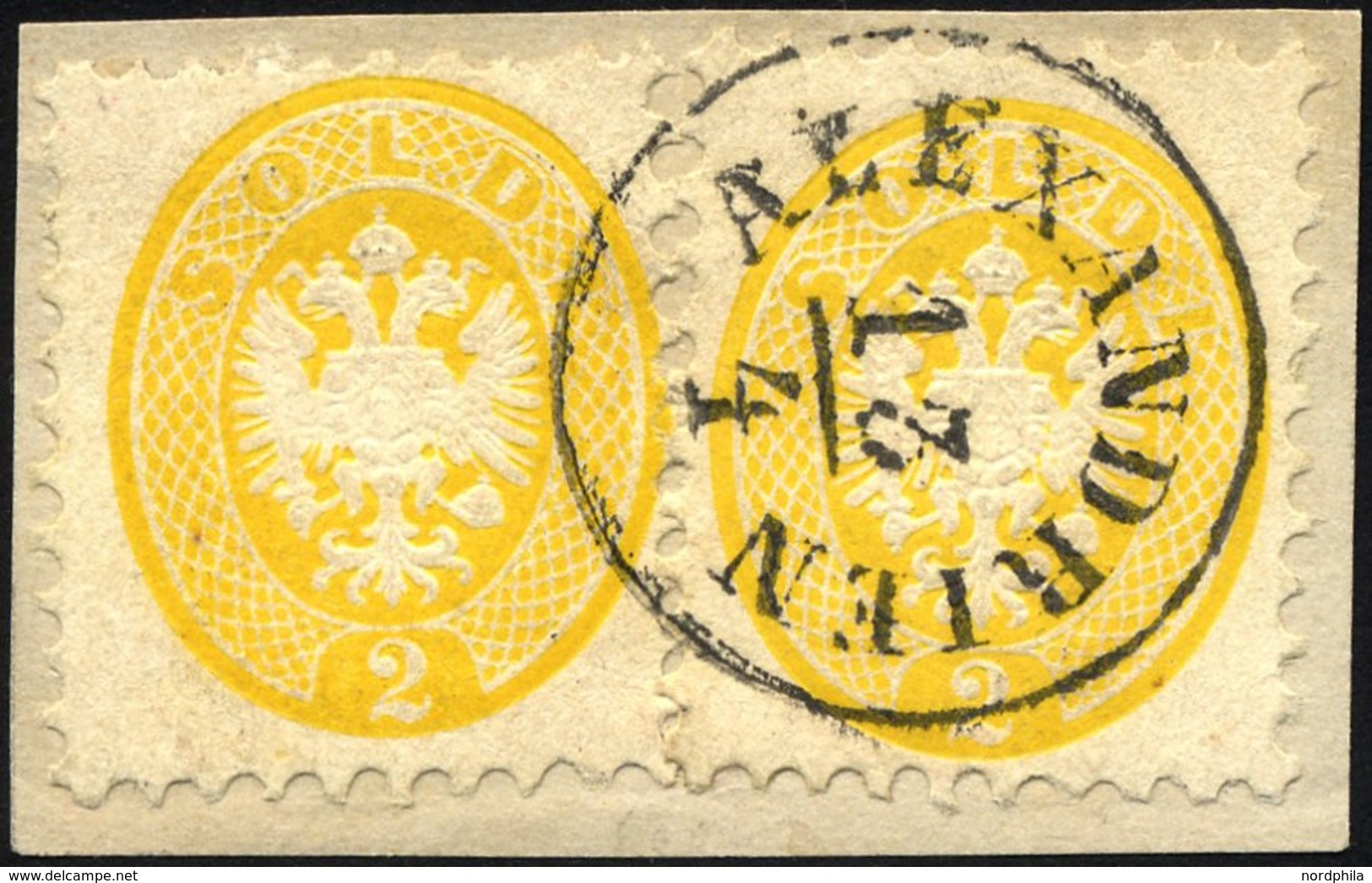 POST IN DER LEVANTE V 19 BrfStk, Vorläufer: 1864, 2 So. Gelb, 2x Auf Briefstück, K1 ALEXANDRIEN, Prachtbriefstück, Gepr. - Levante-Marken
