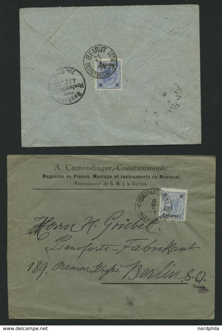 POST IN DER LEVANTE 21,23,34 BRIEF, 1894-1900, 10 Pa. Auf 3 Kr., 1 Pia. Auf 10 Kr. Und 1 Pia. Auf 25 H., 5 Briefe Nach B - Levant Autrichien