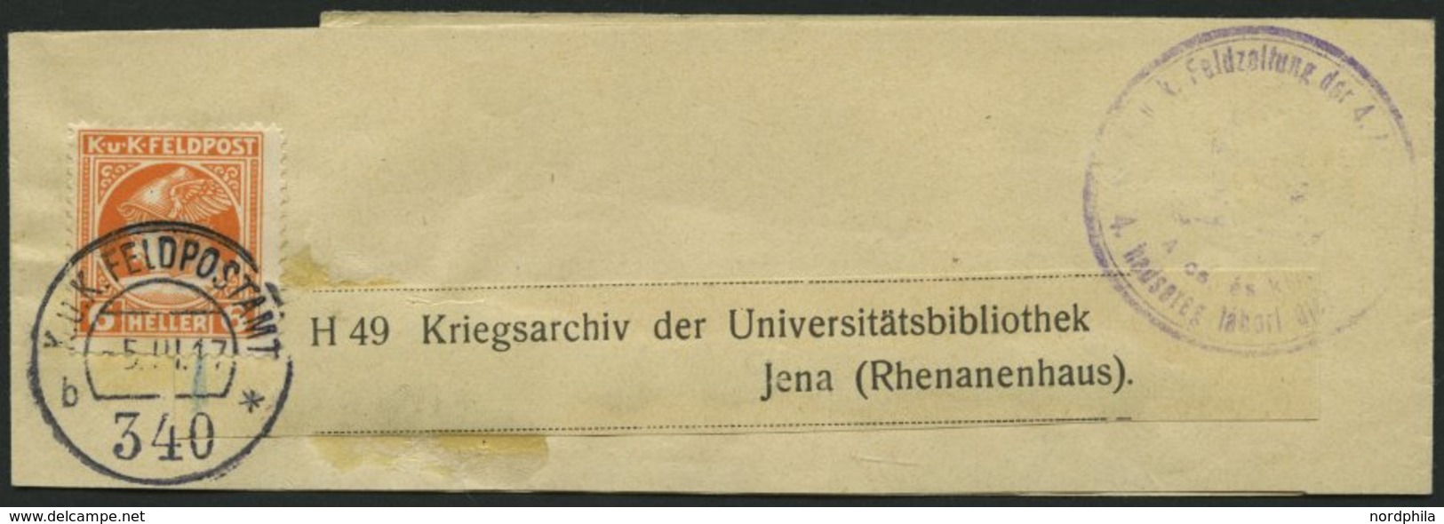 FELDPOST 50 BRIEF, 1917, 6 H. Orange Auf Kompletter Schleife Mit Feldpoststempel Nr. 340, Pracht - Autres & Non Classés