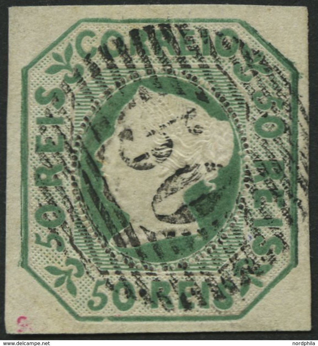 PORTUGAL 3b O, 1853, 50 R. Blaugrün, Zentrischer Nummernstempel 50, Leichte Bugspur Sonst Pracht, Gepr. U.a. Grobe, Mi.  - Oblitérés