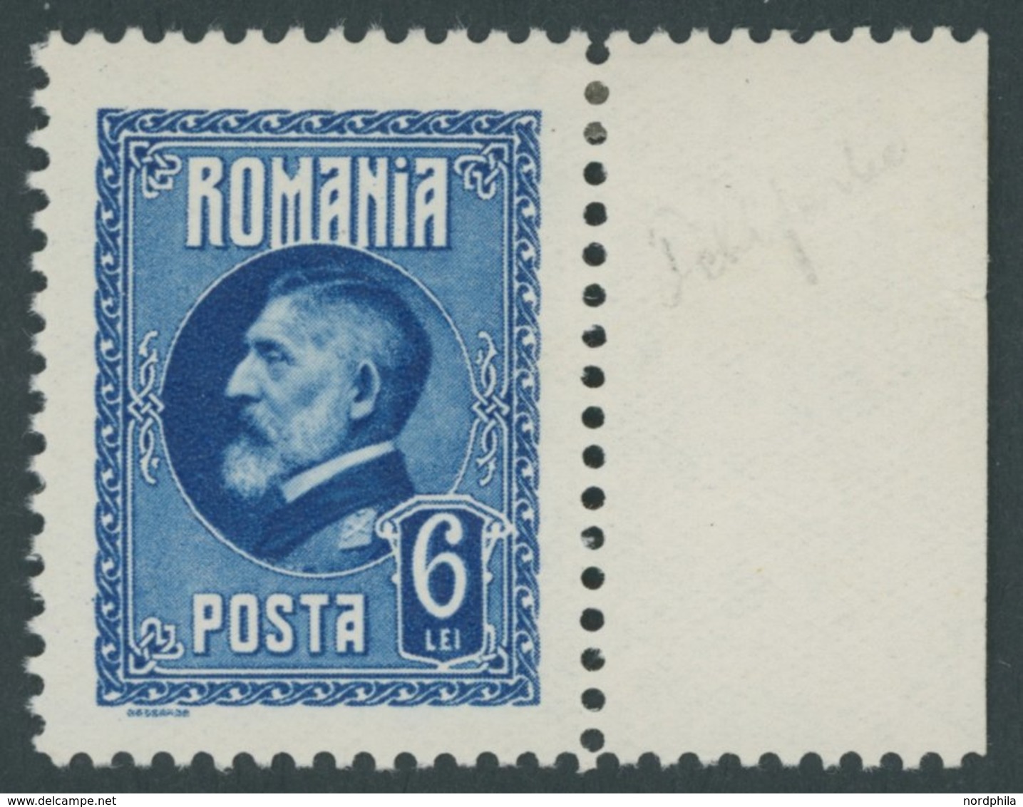 RUMÄNIEN 300F *, 1926, 6 L. Ferdinand I, Farbfehldruck In Blau, Falzrest, Pracht - Sonstige & Ohne Zuordnung