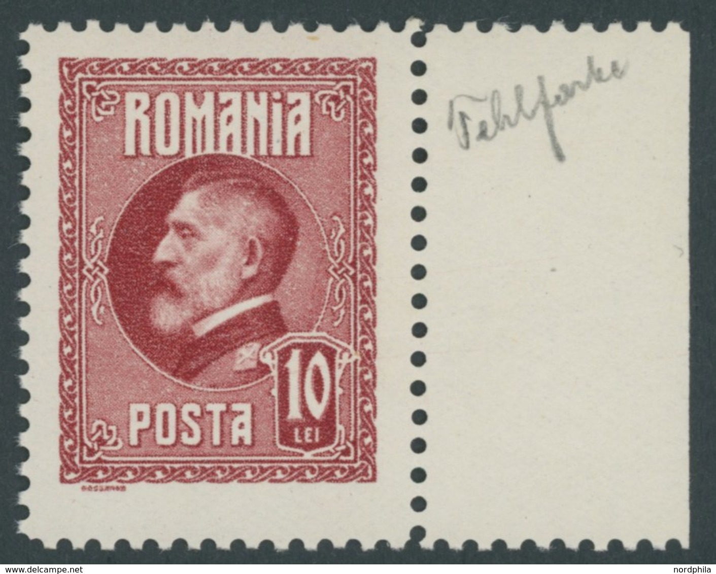 RUMÄNIEN 302F **, 1926, 10 L. Ferdinand I, Farbfehldruck In Rot, Pracht, Mi. (300.-) - Altri & Non Classificati