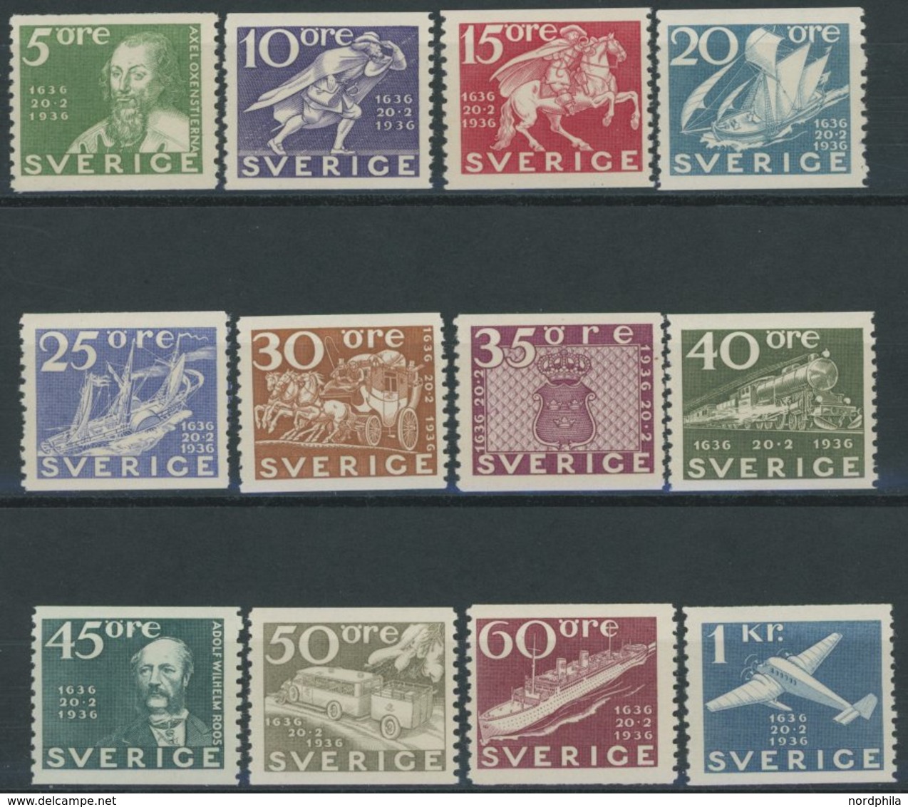 SCHWEDEN 227-38A **, 1936, 300 Jahre Post, Normale Zähnung, Prachtsatz (12 Werte) - ... - 1855 Prephilately