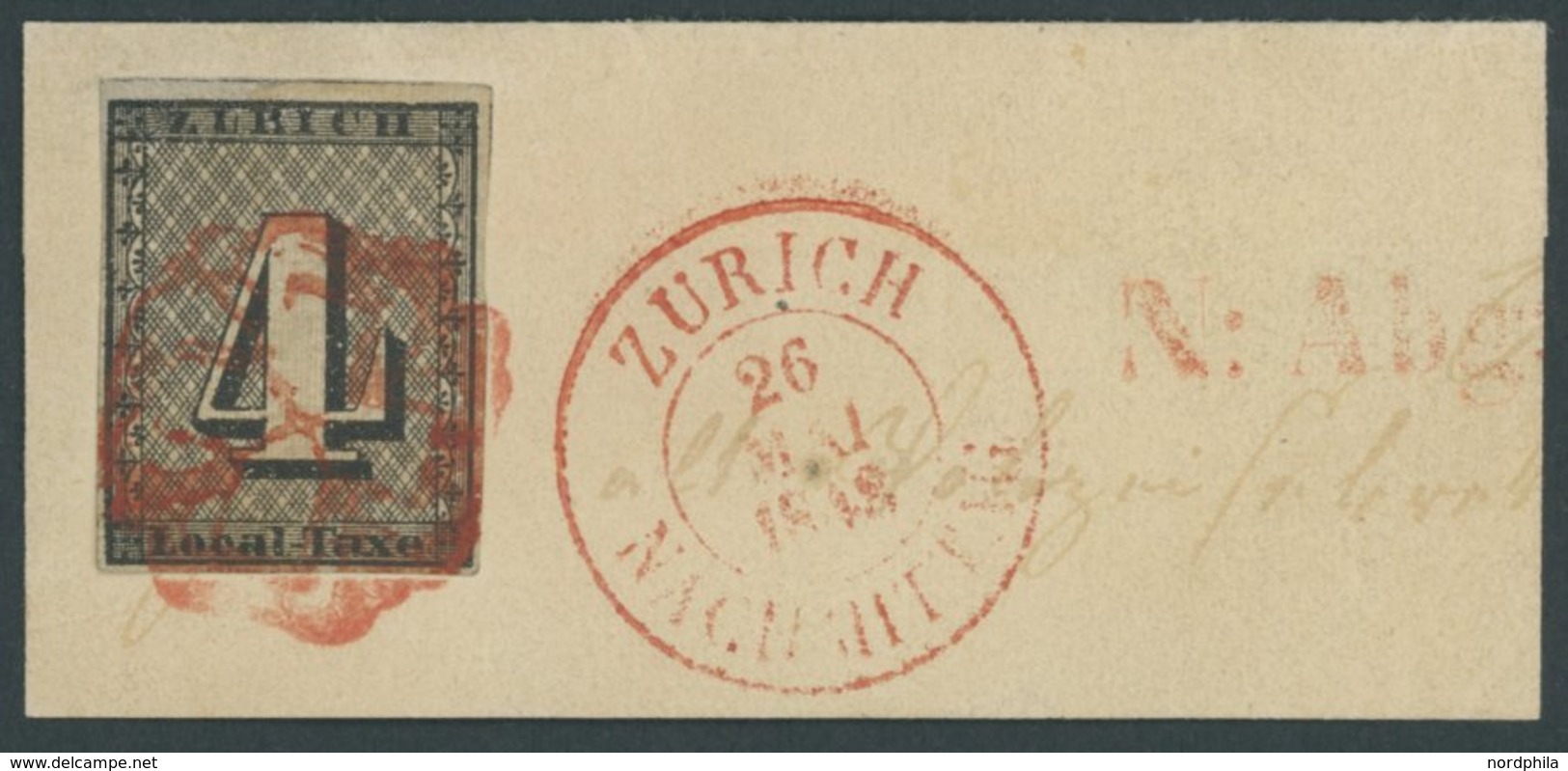 ZÜRICH 1I BrfStk, 1843, 4 Rp. Schwarz/dunkelbräunlichrot, Linienunterdruck Senkrecht, Type I, Mit Roter Rosette Auf Groß - 1843-1852 Federal & Cantonal Stamps