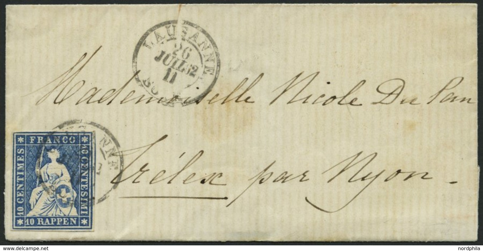 SCHWEIZ BUNDESPOST 14IIBym BRIEF, 1862, 10 Rp. Lebhaftblau, Berner Druck III, (Zst. 23G), Allseits Breitrandig Auf Klein - 1843-1852 Poste Federali E Cantonali