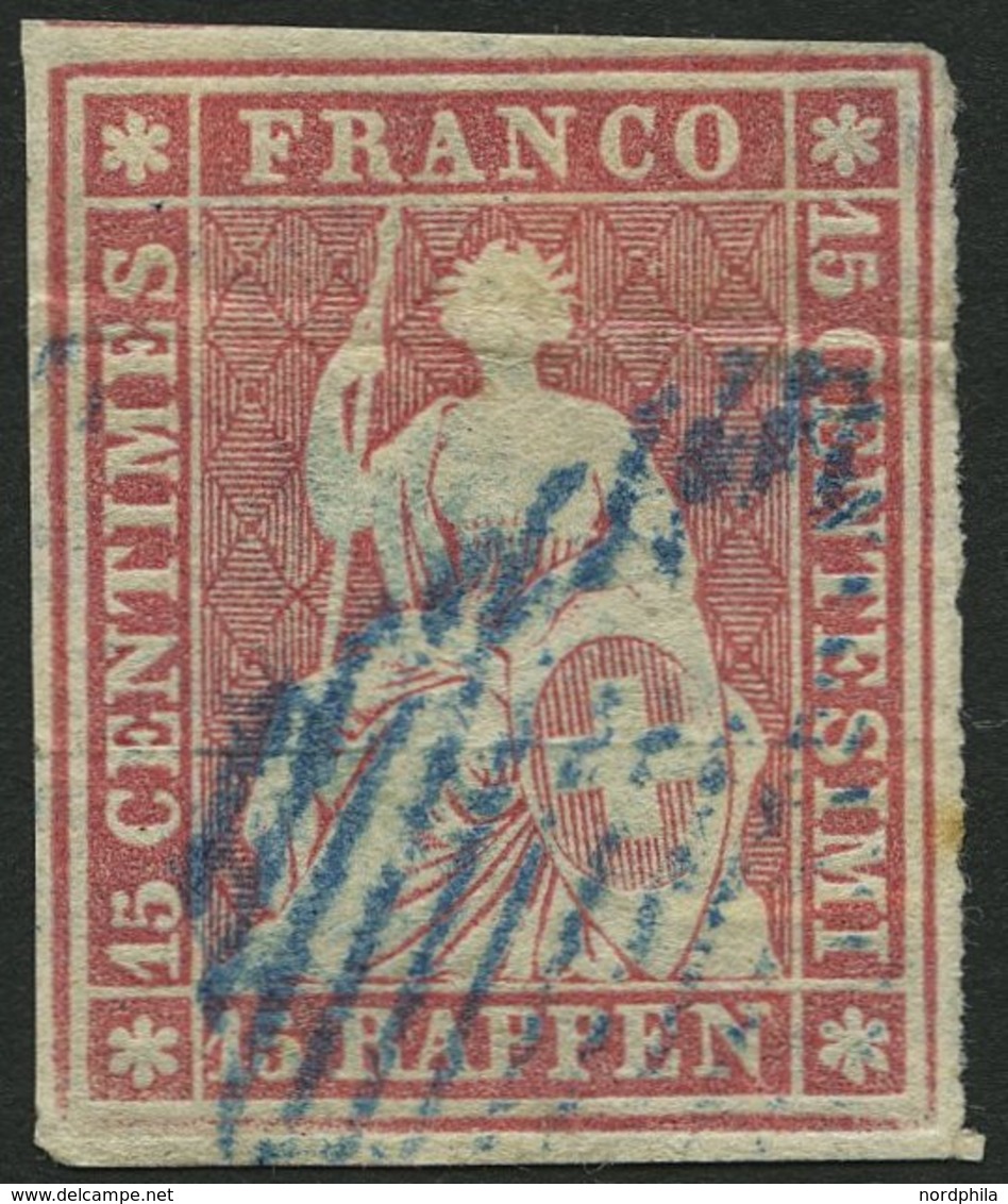 SCHWEIZ BUNDESPOST 15Ib O, 1854, 15 Rp. Hellilakarmin, 2. Münchner Druck, (Zst. 24Ad), Blaue Raute, Waagerechter Bug Son - 1843-1852 Federal & Cantonal Stamps